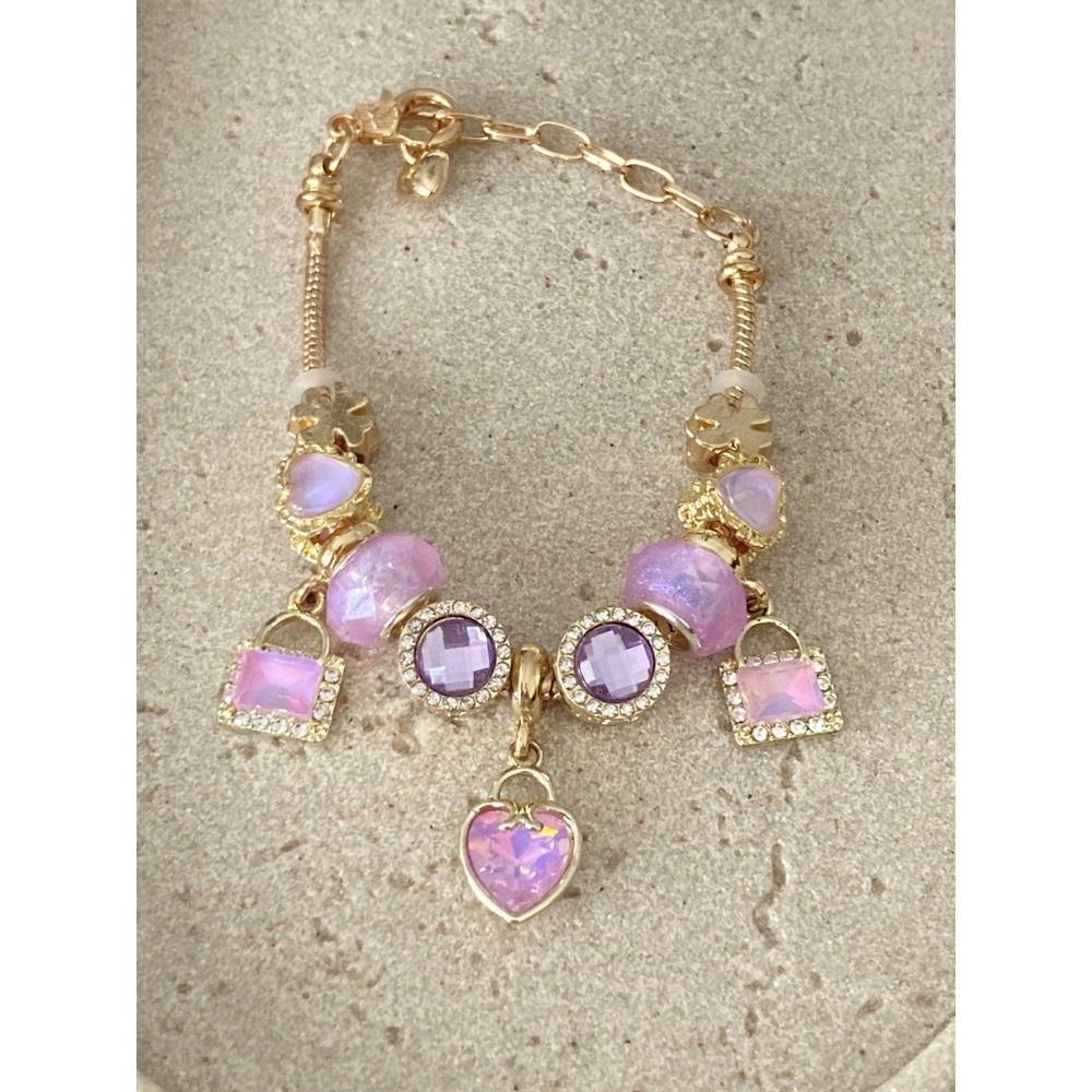 Gold Tone Pink & Purple Rhinestone Charm‎ Bracelet Heart Square Dangle Bling